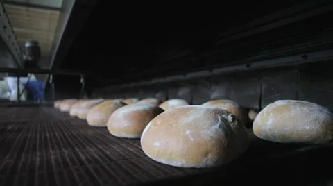 The bread on the conveyor oven. Bread bakery food factory Video stock 58586313