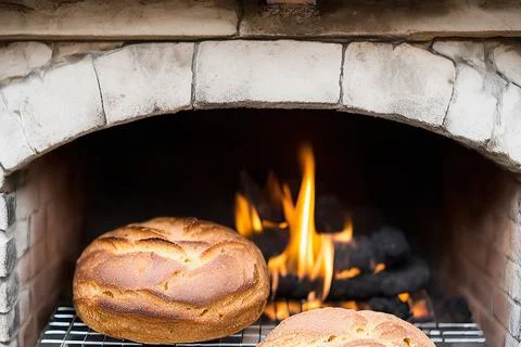 A bread is cooking in a brick oven from which fire is coming out and the br.. Stock Photos