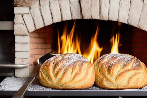 A bread is cooking in a brick oven from which fire is coming out and the br.. Stock Photos