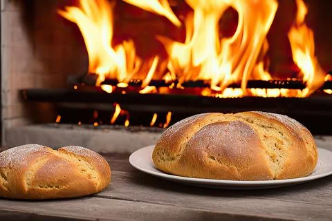 A bread is cooking in a brick oven from which fire is coming out and the br.. Stock Photos