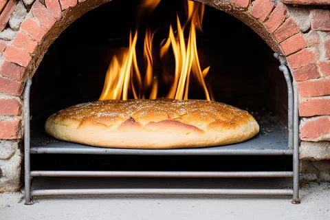 A bread is cooking in a brick oven from which fire is coming out and the br.. Stock Photos