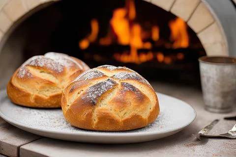 A bread is cooking in a brick oven from which fire is coming out and the br.. Stock-Fotos