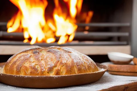 A bread is cooking in a brick oven from which fire is coming out and the br.. Stock Photos