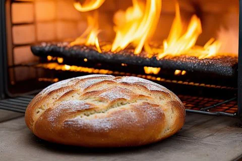 A bread is cooking in a brick oven from which fire is coming out and the br.. Stock-Fotos