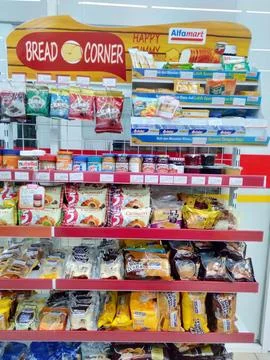 Bread corner display in the Alfamart Mini market Stock Photos