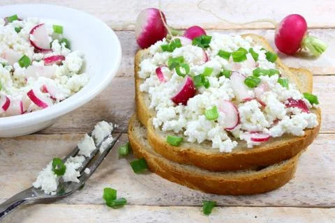 Bread with cottage cheese Stock Photos