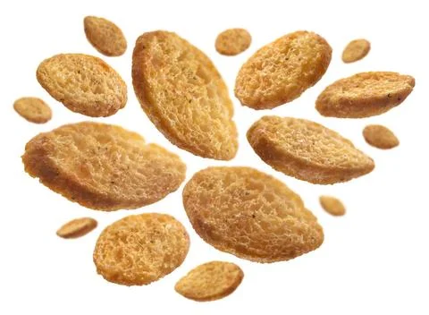 Bread croutons levitate on a white background Bread croutons levitate on a... Foto stock