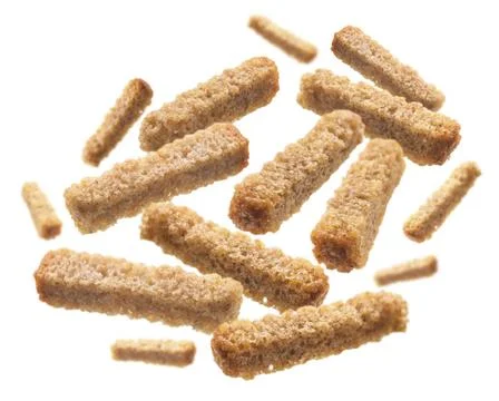 Bread croutons levitate on a white background Bread croutons levitate on a... Foto stock