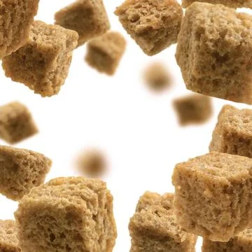 Bread croutons levitate on a white background Bread croutons levitate on a... Foto stock