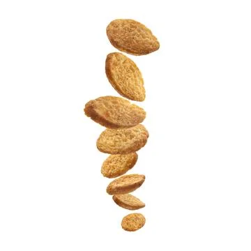 Bread croutons levitate on a white background Stock Photos