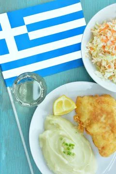 Bread crumbed cod fish and garlic dip, known as skordalia, traditional Greek Stock Photos