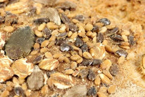 Bread crust with seeds close up 스톡 사진