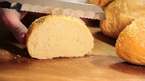 Bread, cut, knife, bread, loaf, board, wood Stock Footage