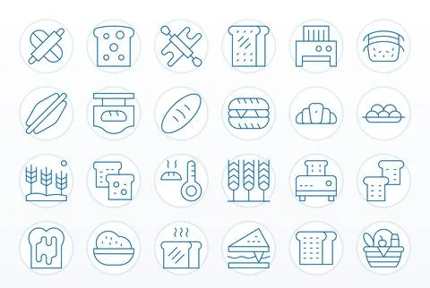 Bread Detail Enhanced Vector Set with 24 64x64 Thin Line Icons 库存插图