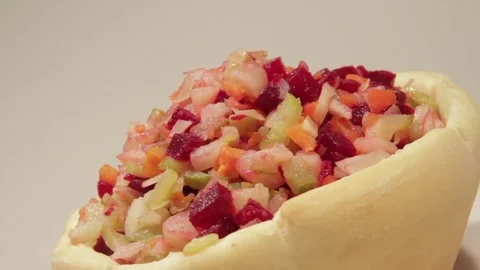 Bread dish and vegetables salad. Stock Footage 70563908