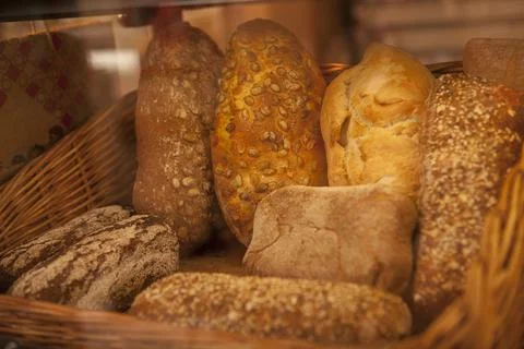 Bread on the display at the bakery Stock Photos
