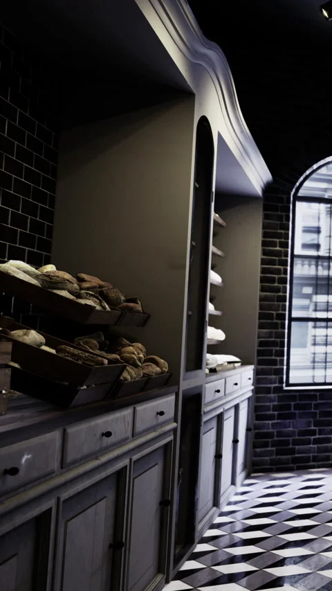 Bread display in a bakery with unique design and light background Stock Footage 331667394