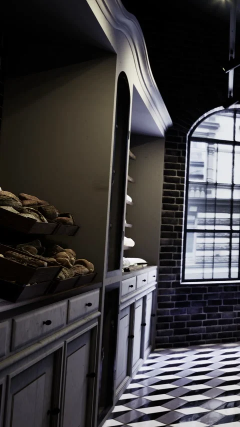 Bread displayed on shelves in a bakery with brick walls and large windows Stock Footage 331662300
