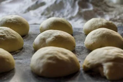 Bread dough balls ready for baking with flour on the background Stock Photos