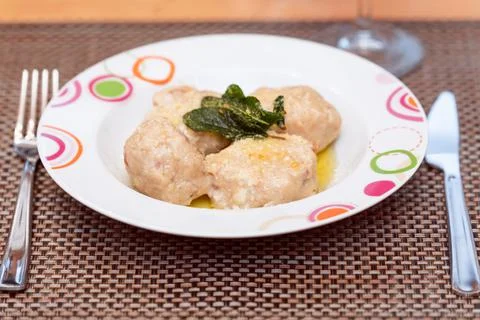 Bread Dumplings (Canederli) typical dish in the Italian Alps Stock Photos