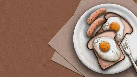 Bread, Egg, and sausage Breakfast  illustration with Watercolor Paper Texture Stock Illustration