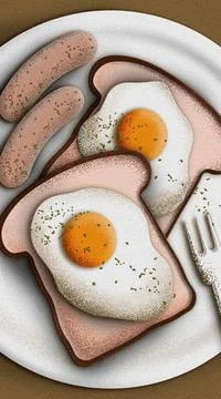 Bread, Egg, and sausage Breakfast  illustration with Watercolor Paper Texture Stock Illustration