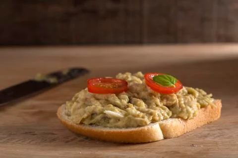 Bread with eggplant salad Stock Photos