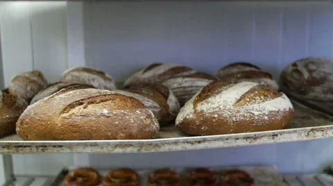 Bread Factory / Bakery  with Racks of Fresh Bread- 4K Stock Footage 51330091