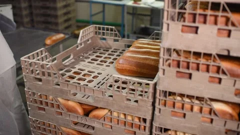 A bread factory worker or Baker moves fresh loaves, bread and pastries from a Stock-Footage 130718533