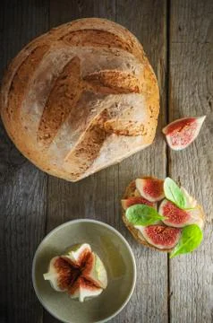 Bread, figs, cheese Stock Photos