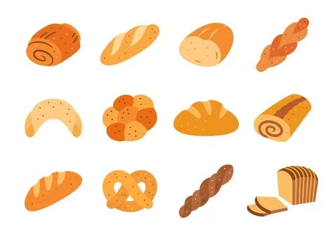 Bread flat set bake bun pretzel white wheat loaf Stock Illustration