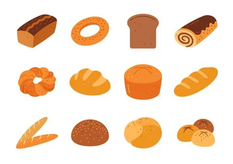 Bread flat set pastry bakery wheat rye whole loaf Stock Illustration