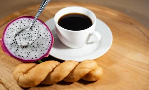 Bread, fruit, dragon fruit Breakfast before work. Stock Photos