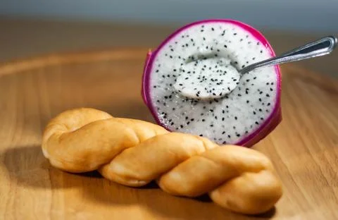 Bread, fruit, dragon fruit Breakfast Stock Photos