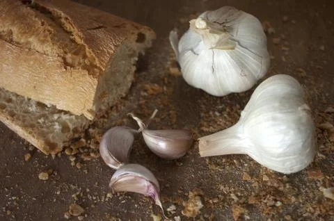 Bread, garlic, background Stock Photos