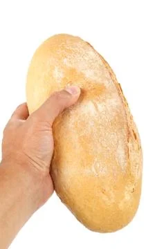Bread in hand on white background. Stock Photos