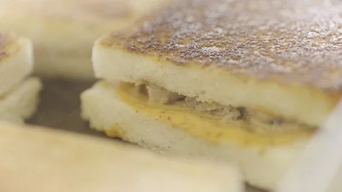 Bread on the hot stove made grilled sandwich with barbecued pork Stock Footage 128677399
