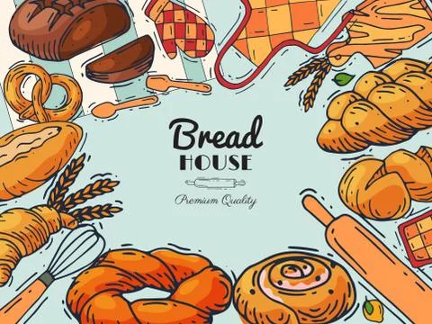 Bread house bakery banner vector illustration. Baking loaves, bagels and Illustrazione stock