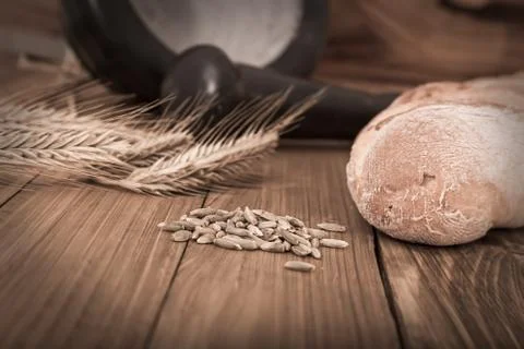Bread with ingredients on the wooden table Stock Photos