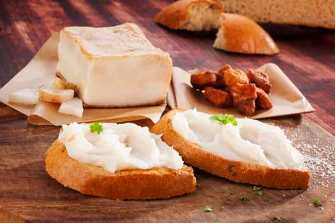 Bread with lard spread. Stock Photos
