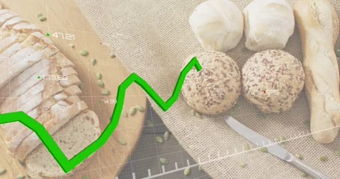 Bread layout on countertop chart grid fading in, green graph line rising to Stock Footage 317773397