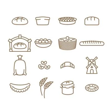 Bread linear icon set. Baking. Bakery products. Muffin and bread. Baton and b Stock Illustration