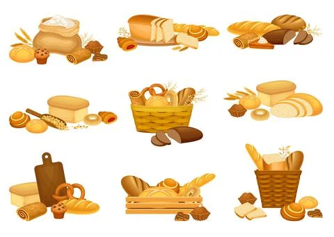 Bread Loaf and Buns as Staple Food Baked from Dough of Flour and Water Vector Stock Illustration