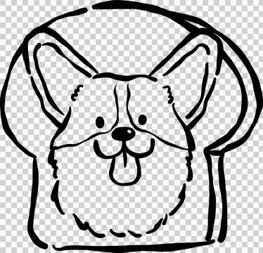 Bread Loaf Dog Doodle Outline, Cute Corgi Face on Bread Toast Cartoon Hand .. Stock Illustration