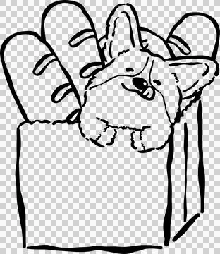 Bread Loaf Dog Doodle Outline, Cute Corgi Peeking From Bag of Bread Cartoon.. Stock Illustration