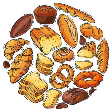 Bread loaf round set vector illustration. Fresh whole grain baguette, croissant Illustrazione stock