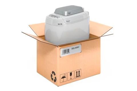 Bread making machine inside cardboard box, delivery concept. 3D rendering Stock Illustration