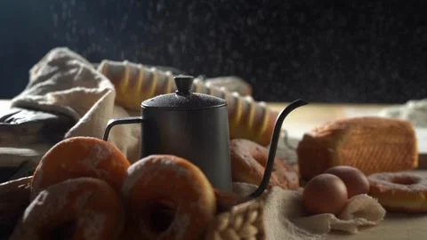 Bread making process, flour and egg display, kneading noodles, and pastries Stock Footage 274465979