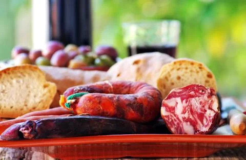 Bread, meat of pork and e wine Stock Photos