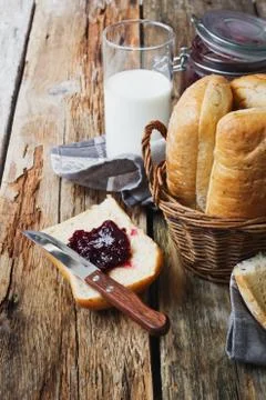Bread, milk and jam Stock Photos